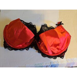 Cacique Bra Womens 44H Red Black Lace Lined Bow Romantic Underwire Full Floral